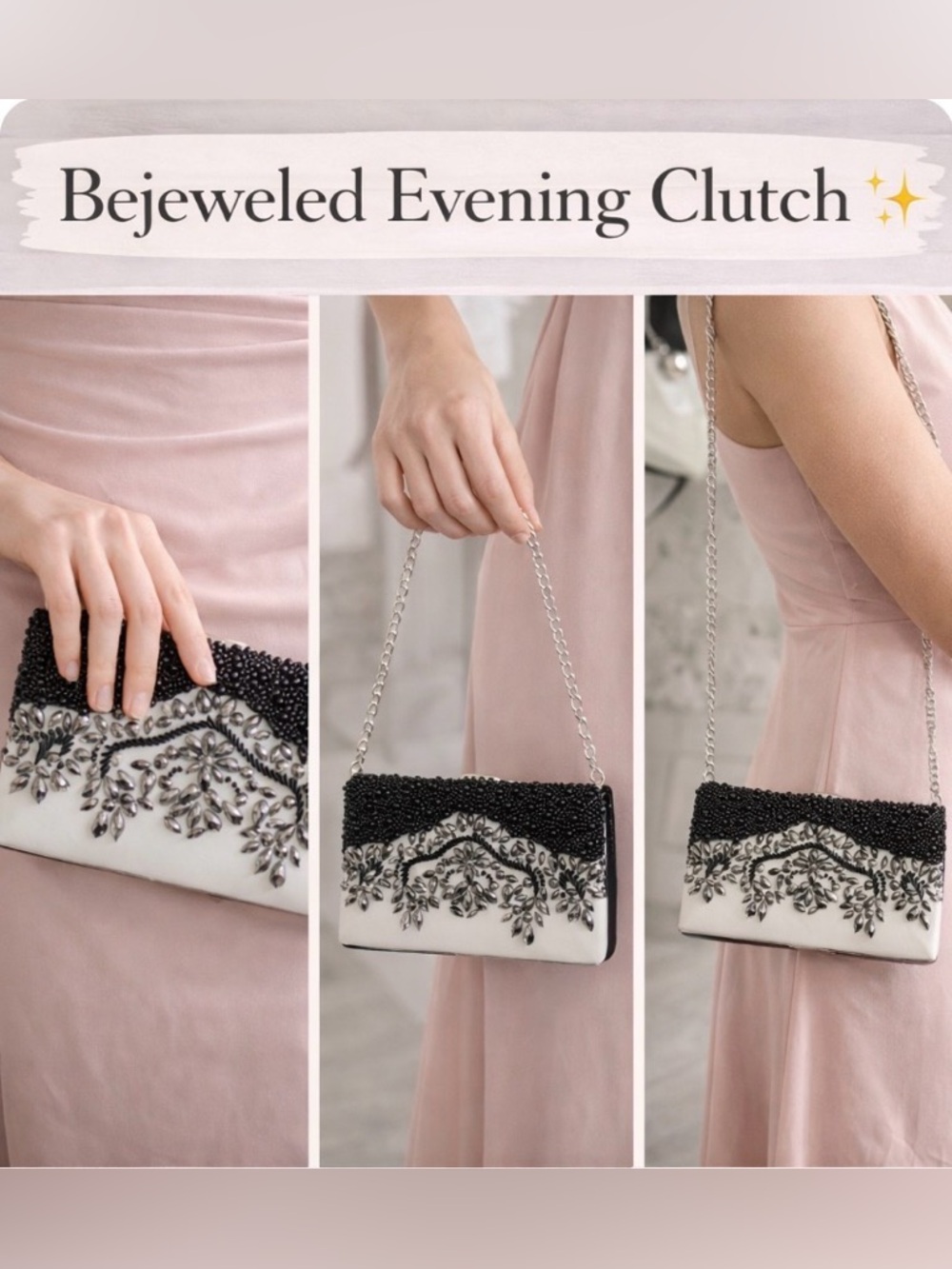 Elegant Beaded Rhinestone Evening Clutch Black/White Chain Strap 7.5 x 5” - Picture 2 of 6